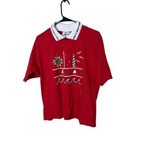 Gopher Sport Red Nautical Sailboat Lighthouse Anchor Polo Shirt Top